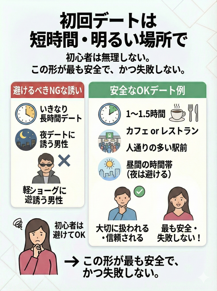 初回デートは短時間で、明るく安全な場所で会う