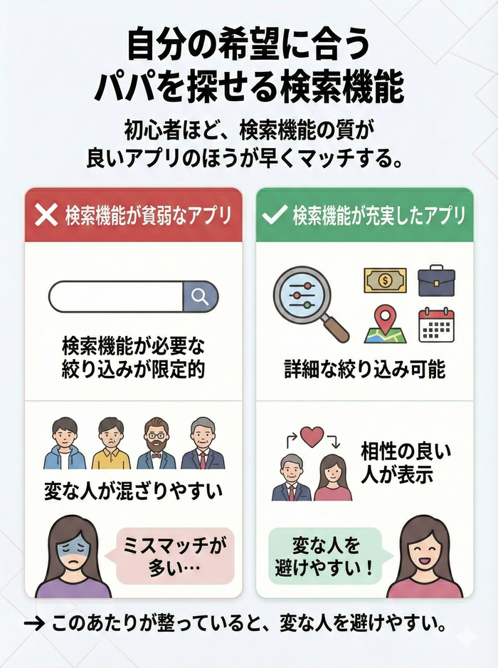 自分の希望に合うパパを探しやすい検索機能があるかを見る