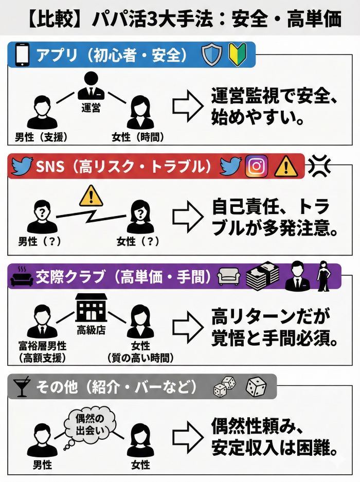 あなたにぴったりの方法はどれ?主要パパ活の方法を比較